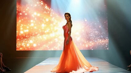A model walks gracefully down the runway, showcasing a dazzling orange gown. Bright lights and sparkling effects enhance the captivating atmosphere during this fashion event. - Powered by Adobe
