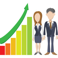 Business Growth Concept With Upward Arrow And Bar Chart Showing Financial Progress And Two Business People Standing Side By Side In Suits With Transparent Background
