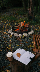 Cozy autumn scene with a campfire, coffee, and a journal in the forest