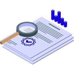 Business Document Analysis Magnifying Glass and Blue Bar Graph on Transparent Background Showing Financial Audit and Research