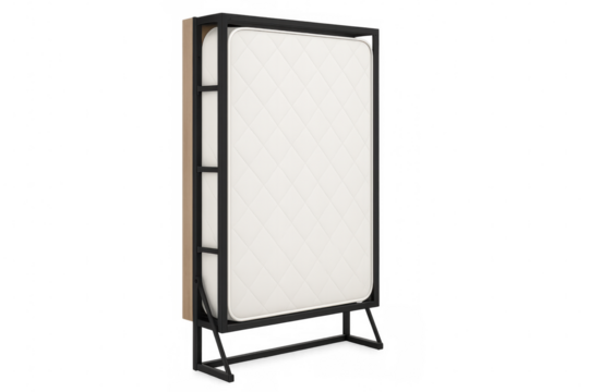 Folding bed with white mattress and metal frame standing upright, providing space-saving furniture solution, transparent background