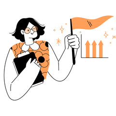 Business Woman Holding Orange Flag and Book With Upward Trend Graph Illustration and Sparkling Lights On Transparent Background