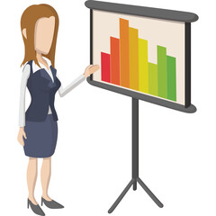 Businesswoman presenting a colorful bar graph on a projection screen during a presentation with a neutral background