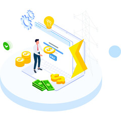Businessman Interacting with Digital Financial Display Illustrating Investment Growth and Business Success with Golden Coins and Currency Symbols in a Modern Isometric Style