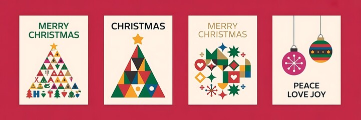 Set of four christmas greeting cards with geometric design on red background