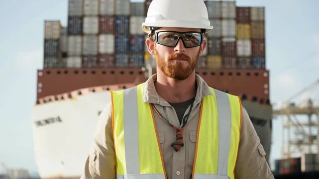 A dedicated dock worker stands confidently in front of a large cargo ship. He wears safety gear and monitors the loading and unloading of shipping containers at the bustling port.