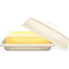 Butter Dish With Lid Open Revealing Yellow Butter Rectangular Shape And Creamy Texture On White Surface Studio Lighting