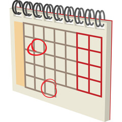 Calendar page with important dates marked by red circles against a neutral background featuring a beige header and white paper with wire binding and grid layout for planning appointments and events.