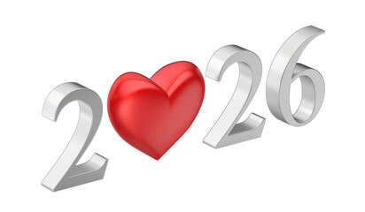 Happy New Year 2026 card with silver numbers and red heart