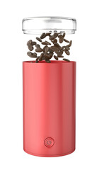 Open red electric coffee grinder with coffee beans on transparent background