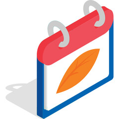 Calendar Page With Autumn Leaf Symbol On A White Background With A Dramatic Shadow And A Red Top Border And A Blue Bottom Border Showing A Simple Icon With A Transparent Background And Isometric View