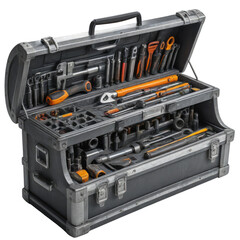 Open metallic toolbox filled with an assortment of various hand tools
