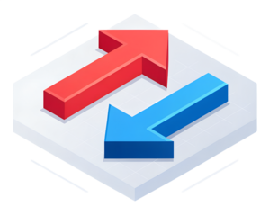 Isometric view of red and blue arrows on a white platform