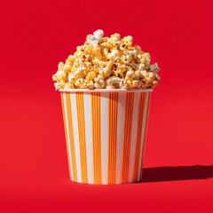 Delicious popcorn served in a striped container on a bright red background for a perfect movie night snack