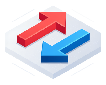 Isometric view of red and blue arrows on a white platform