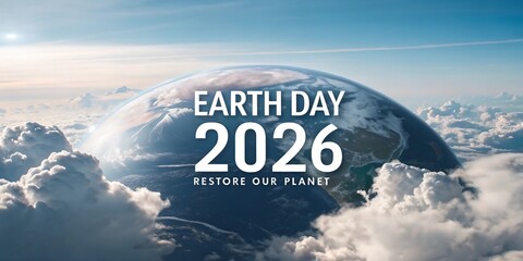 Earth Day 2026 Restore Our Planet environmental theme with view of globe from space and clouds.