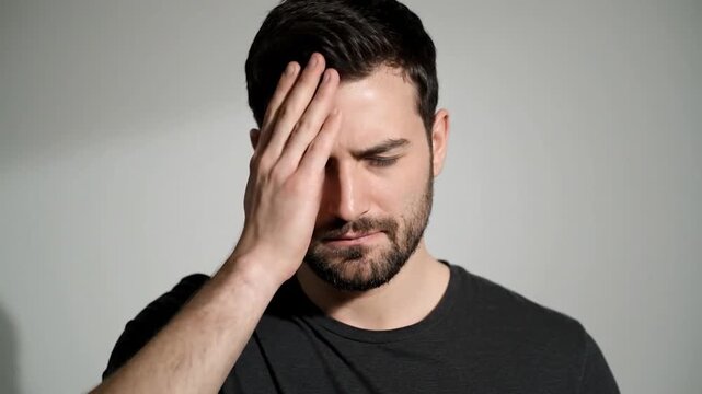 A man with a beard and dark hair holds his hand to his forehead looking down