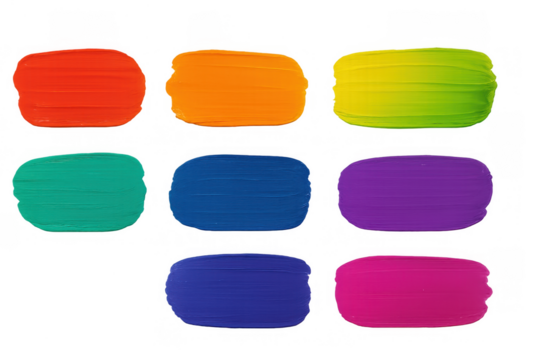 Vibrant paint brush strokes creating colorful swatches and abstract artistic textures on transparent background