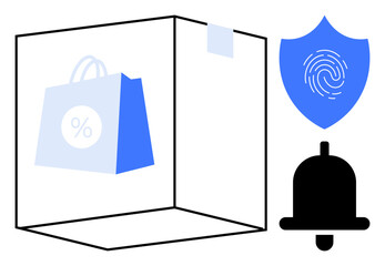 Shopping bag in a box with a discount sign, fingerprint-shield for security, and notification bell. Ideal for e-commerce, online safety, retail promotions, user privacy, secure transactions, alerts