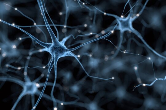 Neuron cells transmitting electrical impulses across a dark background, representing ai, science, and digital communication