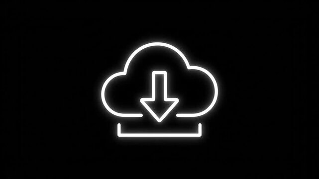 Glowing white cloud and download arrow icon on a stark black background. Simple, minimalist design