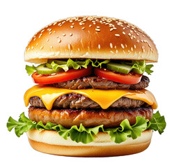 Double patty burger with toppings on a sesame seed bun