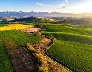 Aerial view of rolling green fields, snow-capped mountains, and a river