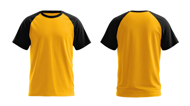 Front and back view of a mustard yellow t-shirt with black raglan sleeves