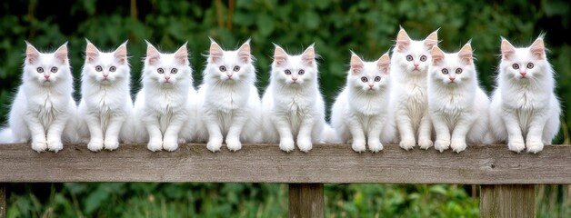 Obraz premium A charming gathering of white Turkish Angora cats on a sunny farm, showcasing their playful elegance among the greenery