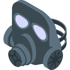Isometric dark grey gas mask with light purple eye covers and black strap detail isolated on transparent background