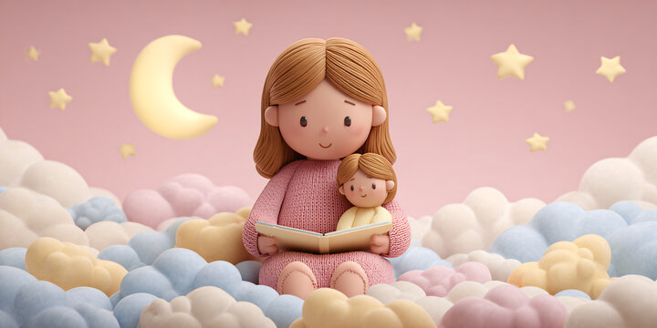 Cartoon mother reading a book to her daughter in a dreamy cloudscape with moon and stars Concept of bedtime story, childhood, and imagination - Powered by Adobe
