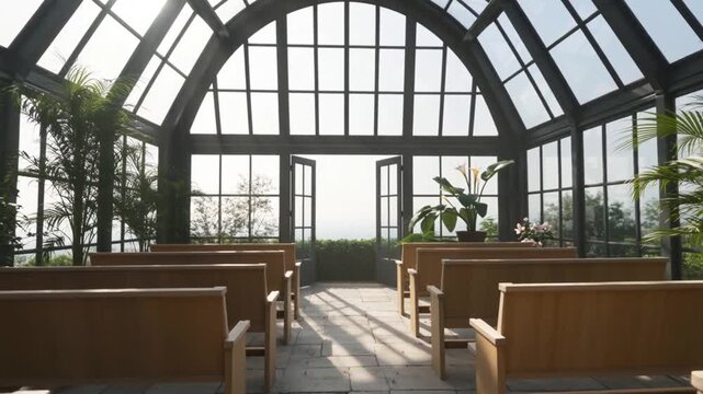 Serene glass chapel with arched roof, wooden pews, bathed in natural light