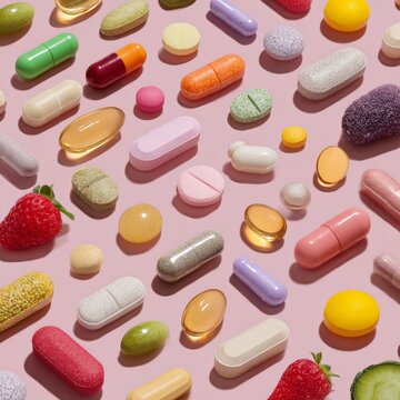 Colorful assortment of vitamins and supplements arranged on a pink background for health and wellness promotion