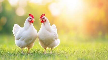 Fototapeta premium Brightly lit white turkeys stroll across a sunny farm with lush green surroundings, showcasing their charming presence