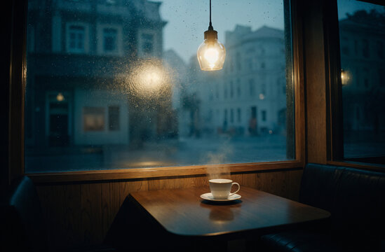 Taza de caf&eacute; humeante junto a la ventana en un d&iacute;a lluvioso