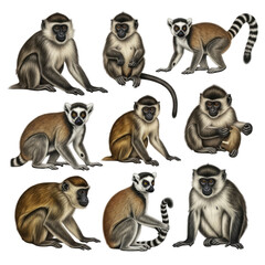 Collage of various monkey species depicted in a variety of poses