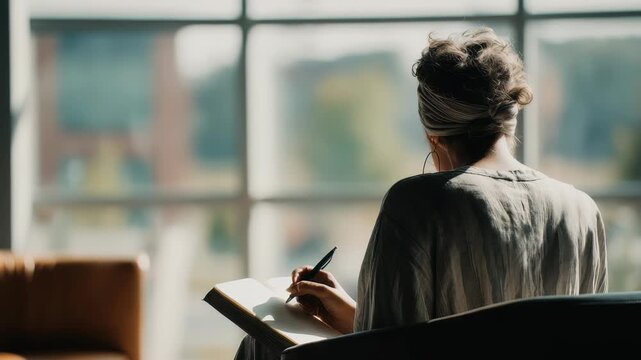 Person is captured from behind, immersed in journaling or creative writing in sunlit space with soft, blurred backgrounds. Scene evokes mindfulness, solitude, artistic inspiration in contemporary