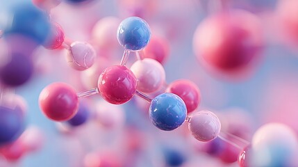 Vibrant molecular structure with glowing pink and blue spheres, representing science, research, or innovation, in a soft, dreamy bokeh background