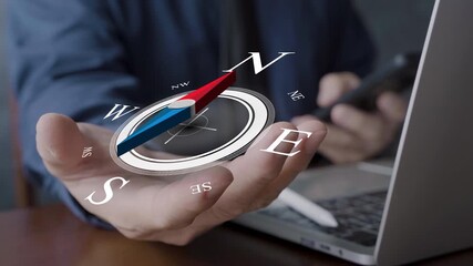 Concept of business direction and digital strategy with a 3D compass floating above a businessman’s hand, symbolizing leadership, decision making, innovation, and navigation in modern technology. - Powered by Adobe