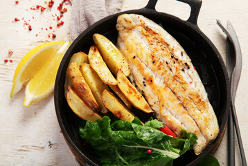 Mediterranean healthy food with white fish fillet.