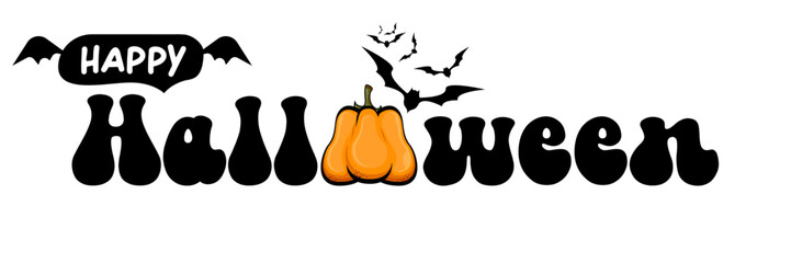 Obraz premium Happy halloween black lettering text sticker design isolated on white background. Happy halloween text motto sticker, tag, retro label, banner, ribbon, label png with quote. Halloween text banner