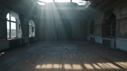 Abandoned Grand Hall Bathed in Dramatic Sunbeams from a Collapsed Roof - Powered by Adobe