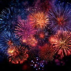 Colorful fireworks burst in the night sky over a festive celebration during the New Year Eve festivities