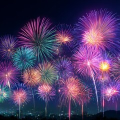 Fireworks display illuminates night sky over cityscape during festive celebration