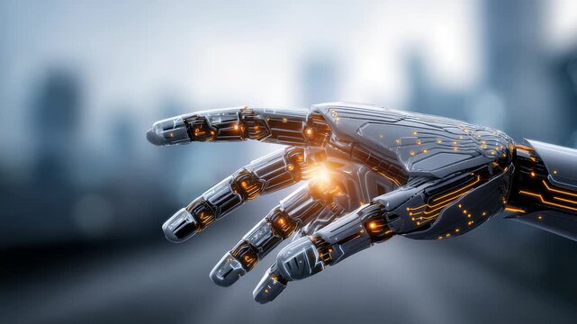 Close up of a high tech robotic hand featuring illuminated circuits and metallic joints, symbolizing innovation. The background showcases a futuristic city, emphasizing progress in AI and robotics