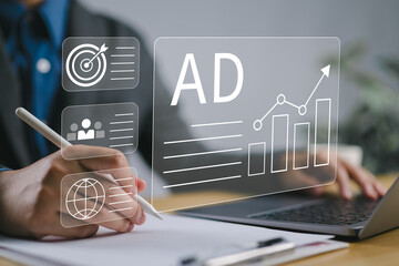 Digital marketing commerce online sale concept, Businessperson use laptop with advertising on...