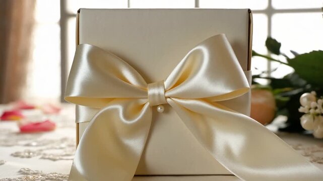 Elegant gift box with a pearl-accented satin bow on a decorative table