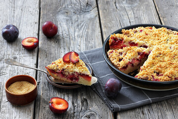 Crumb topped Plum Pie in a baking dish