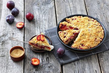 Crumb topped Plum Pie in a baking dish