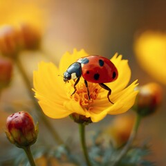 Fototapeta premium Ladybug exploring a vibrant yellow flower in a sunny garden setting